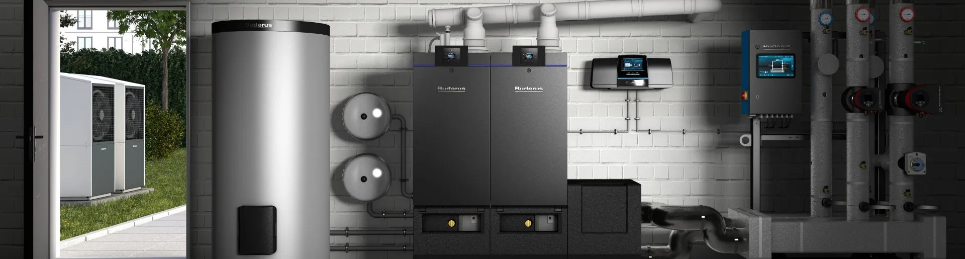 Einbausituatione eines Gasbrennwertsystems mit Speicher und Wärmepumpe von Buderus.