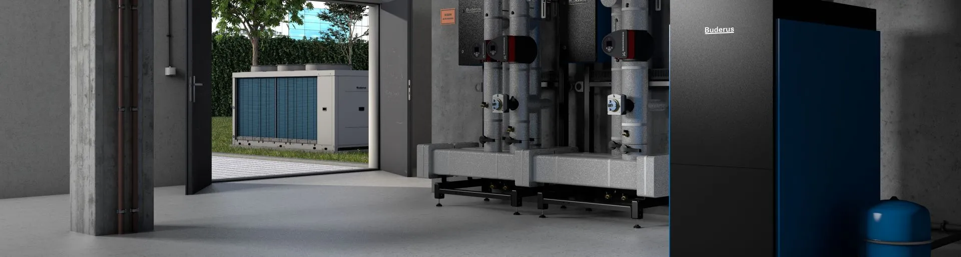 Einbausituation eines kraftvollen Hybridsystems mit Wärmepumpe von Buderus in einer Gewerbehalle..