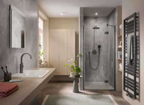 Teilgerahmte Duschkabine Aperto Pro vom Hersteller HSK in einer Nische im modernen Badezimmer.